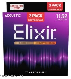 Elixir 16564 NanoWeb Bronze Custom Light 11-52 3-Pak