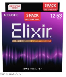 Elixir 16565 Nanoweb 80/20 Bronze 12-53 3-Pack